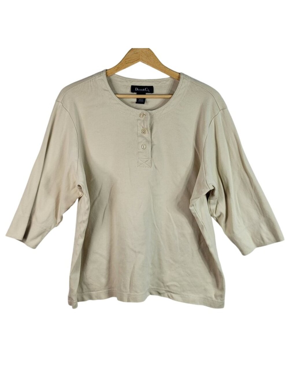 Denim & Co Womens Henley Top Tan Beige Size 2X Pullover 3/4 Sleeve 100% Cotton